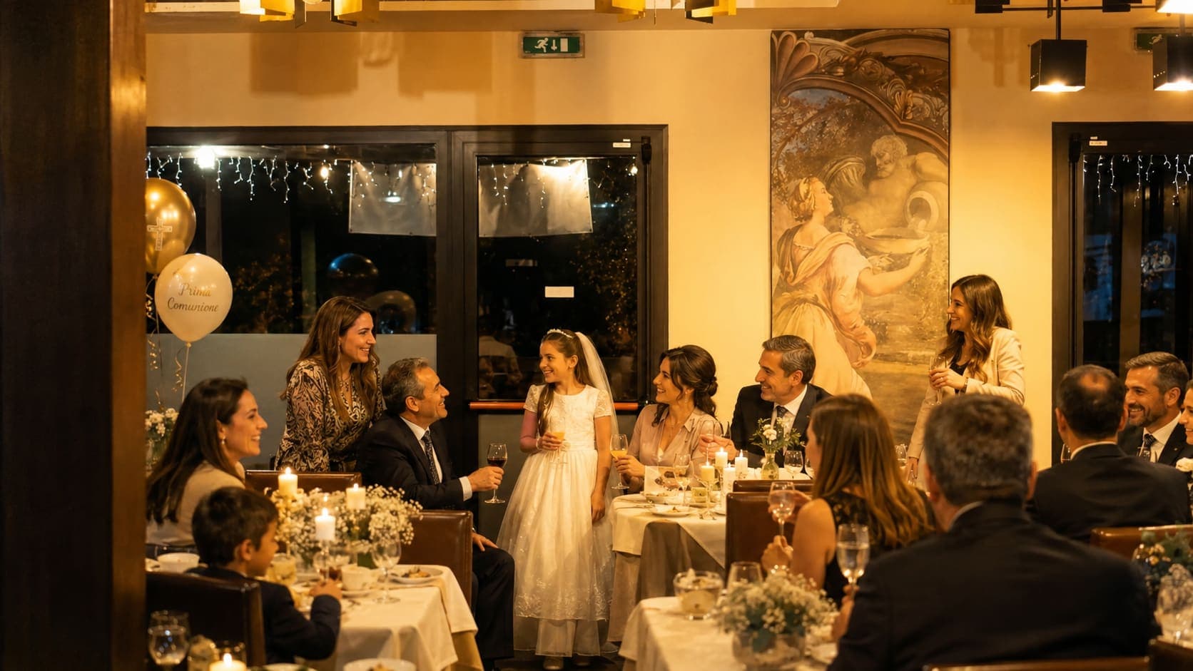 Family gathered at Il Conte to celebrate a First Communion